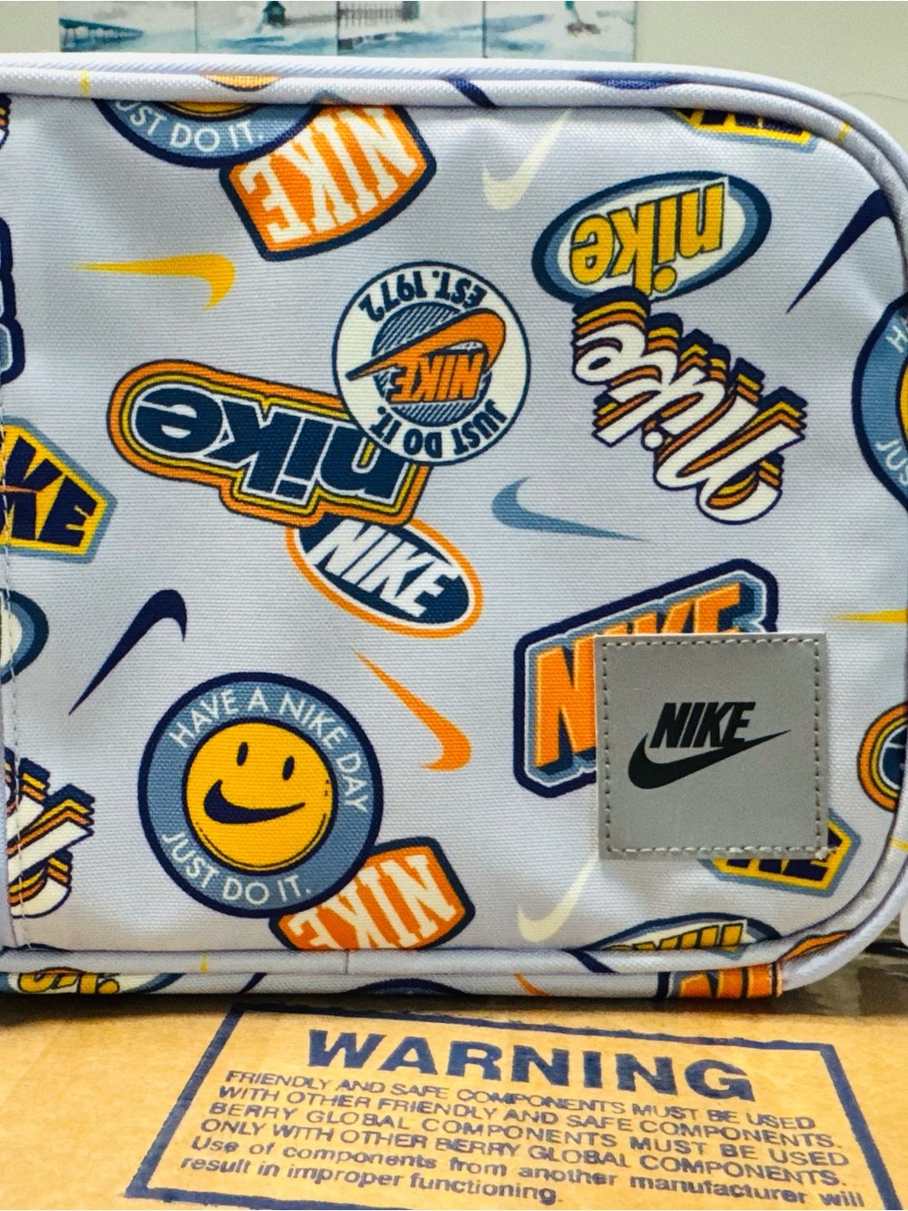 Nike White Crossbody Toiletry Bag with Orange & Blue Logo Print